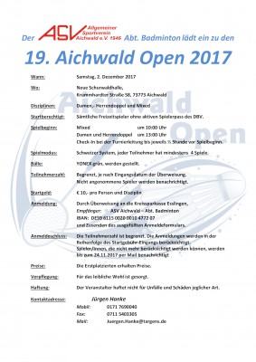 Ausschreibung 19. Aichwald Open 2017