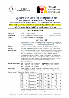 Ausschreibung Chessminton Deutsche Meisterschaft der Erwachsenen / Junioren / Senioren