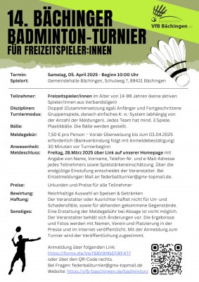 Ausschreibung 14. Bächinger Badminton-Jedermannturnier