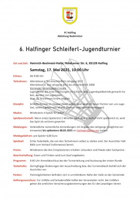 Ausschreibung 6. Halfinger Schleiferl-Jugendturnier